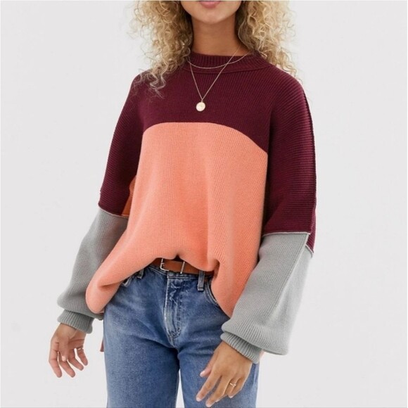 Free People East Street peach combo colorblock oversized knit sweater top - Picture 2 of 8